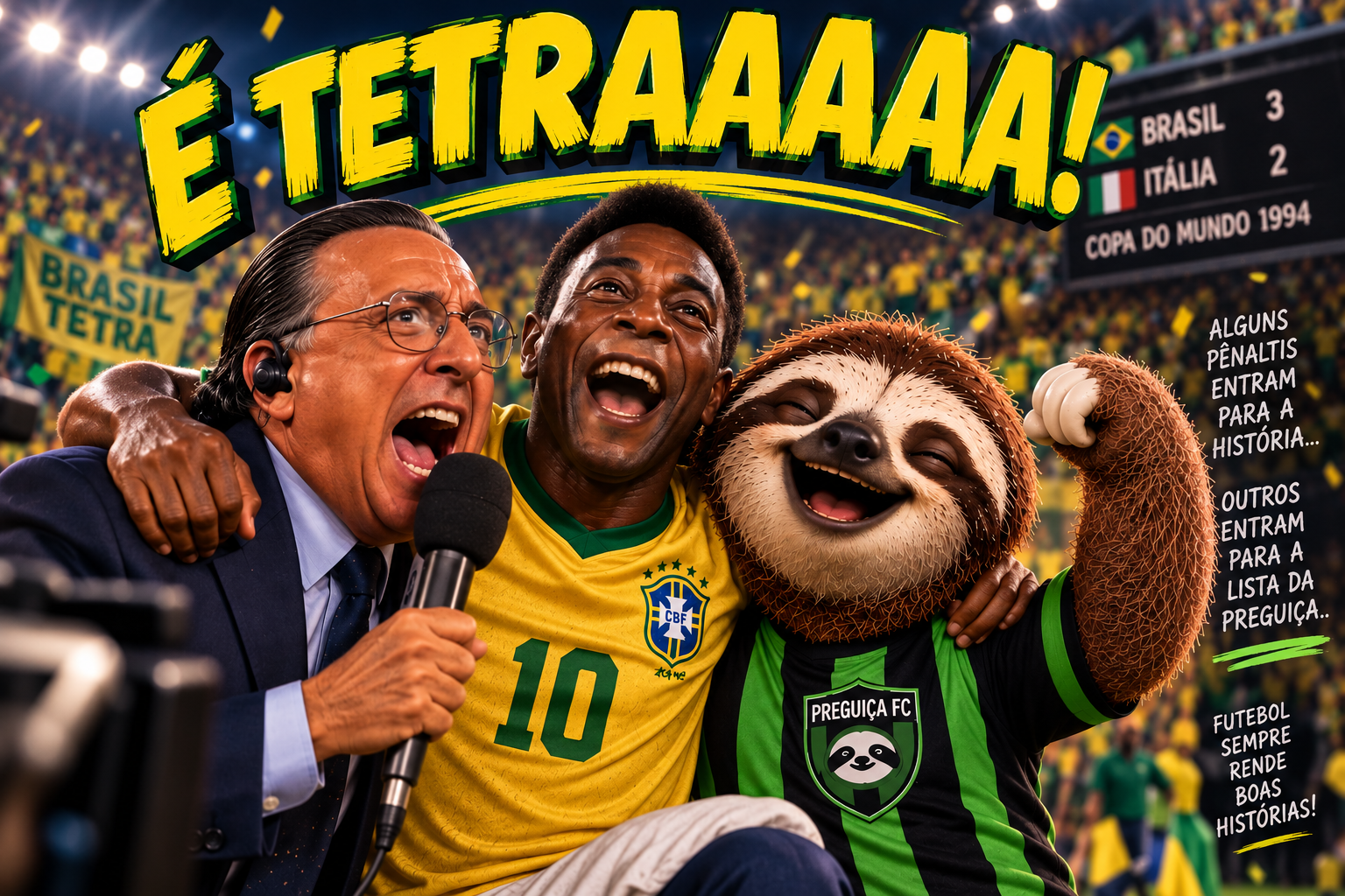 Preguiça FC comemora com Galvão Bueno e Pelé o pênalti perdido por Roberto Baggio na final da Copa de 1994