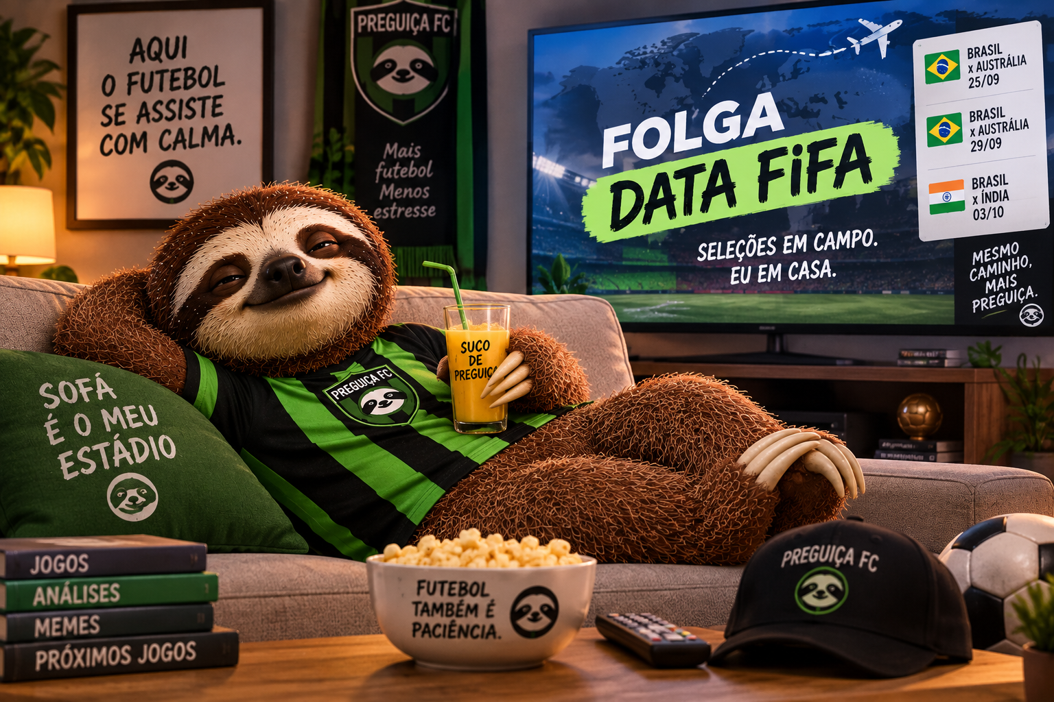 Preguiça FC descansando no sofá durante a Data FIFA