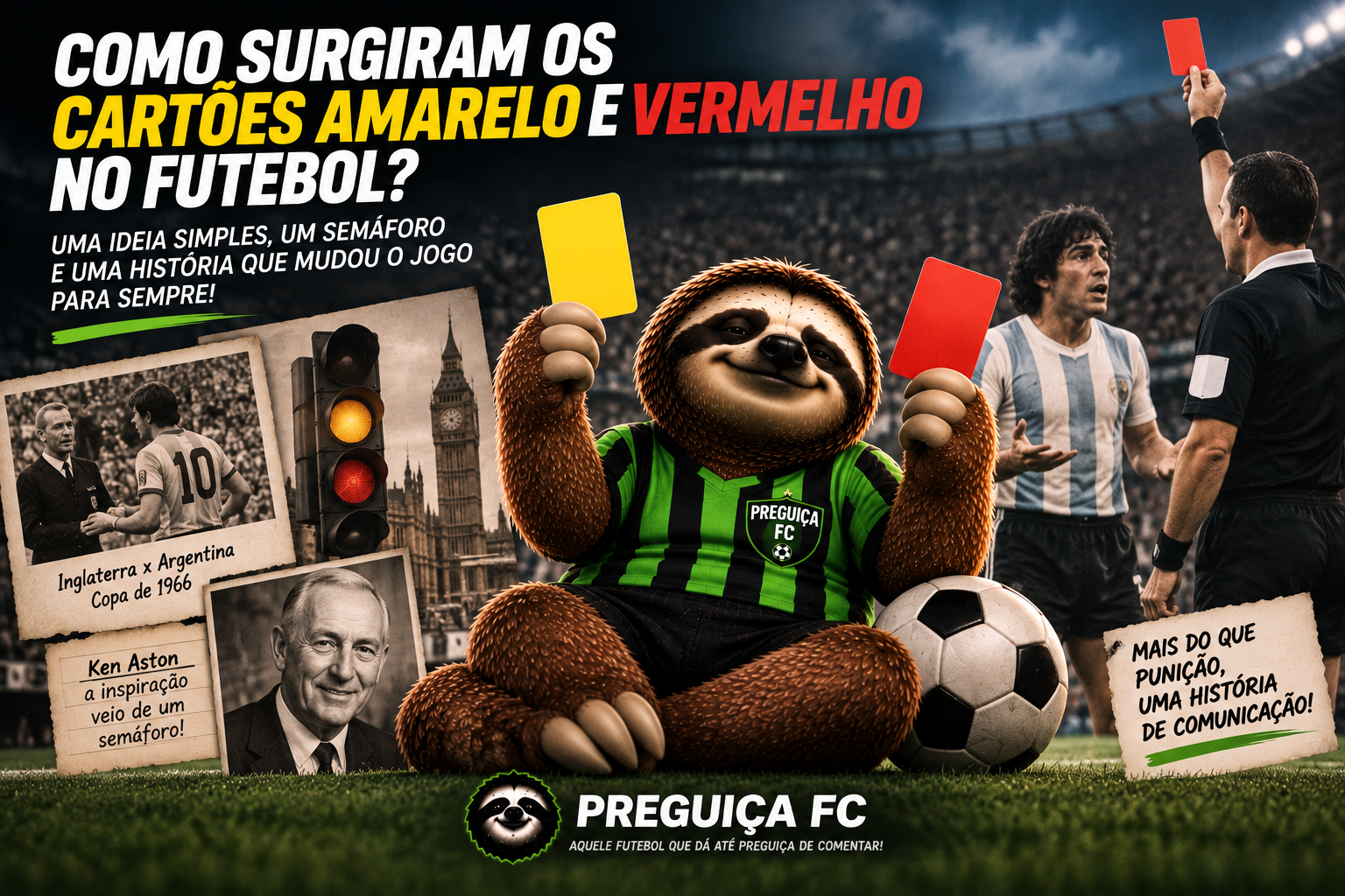 Preguiça do Preguiça FC segurando cartões amarelo e vermelho em uma cena sobre a origem dos cartões no futebol.
