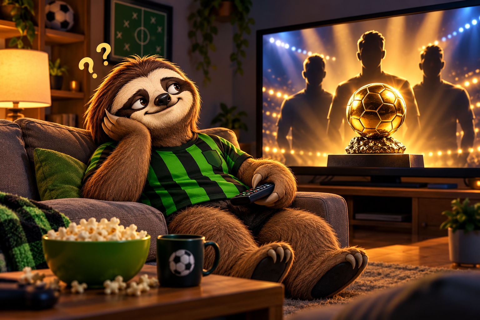 🏆 Bola de ouro atrasa, site anuncia três vencedores e a preguiça quer saber: que levou a bendita bola? 1 Mascote Preguiça FC com camisa tradicional listrada em preto e verde sentado no sofá, assistindo à cerimônia da Bola de Ouro 2026 na televisão.