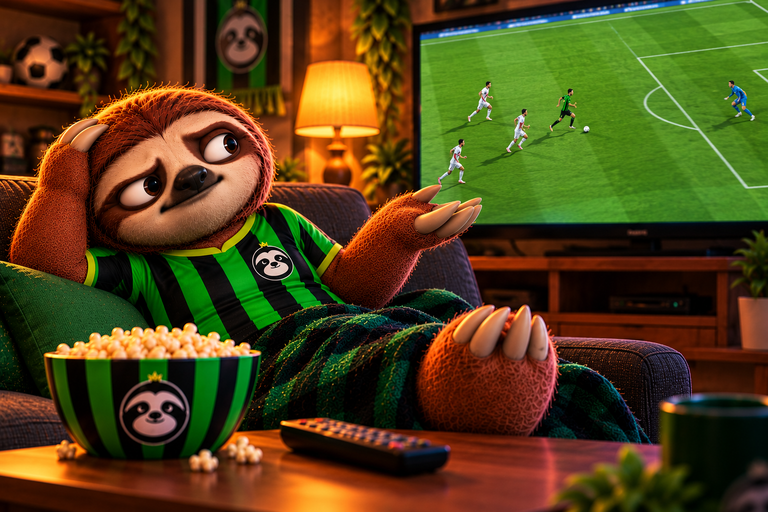 Mascote Preguiça FC com camisa listrada preta e verde sentado no sofá de casa, assistindo a uma jogada de futebol na televisão e tentando entender o impedimento.