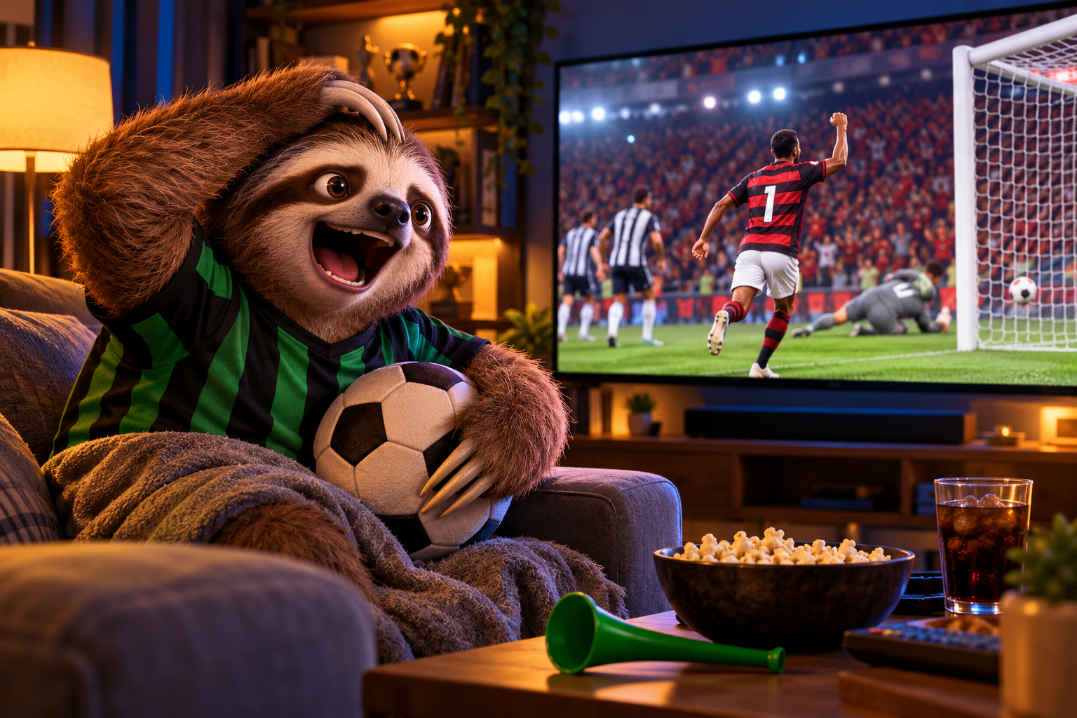 Mascote Preguiça FC com uniforme listrado preto e verde comemorando a vitória dramática do Flamengo sobre o Atlético-MG diante da televisão.