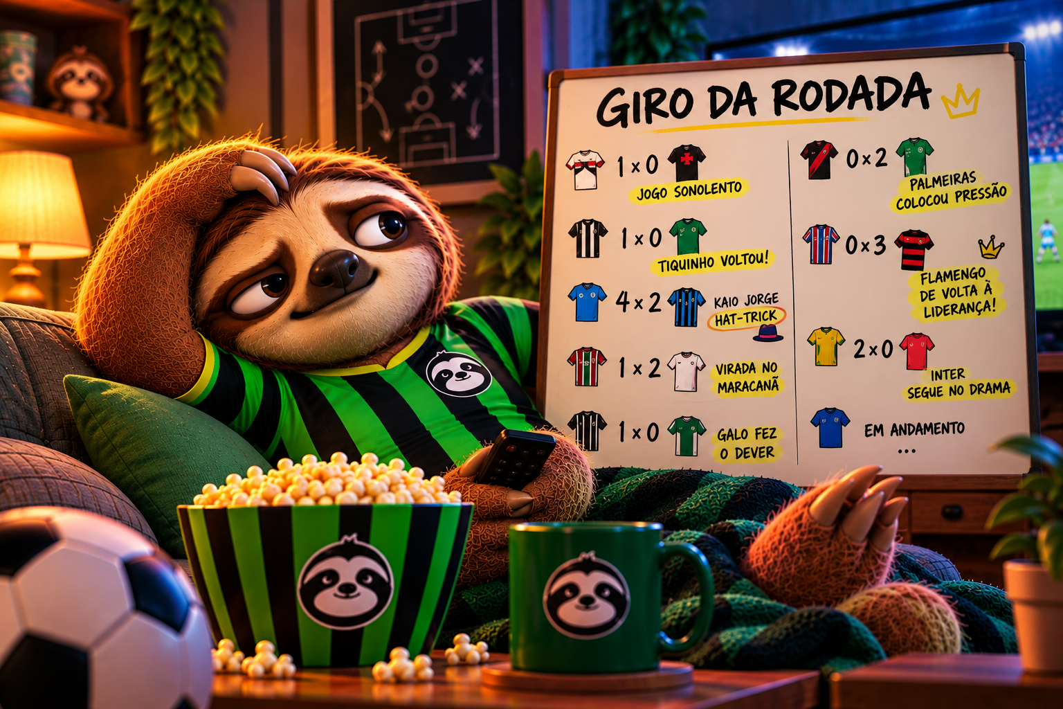 Preguiça FC acompanha o giro da 31ª rodada do Brasileirão relaxando no sofá com pipoca e quadro de resultados.