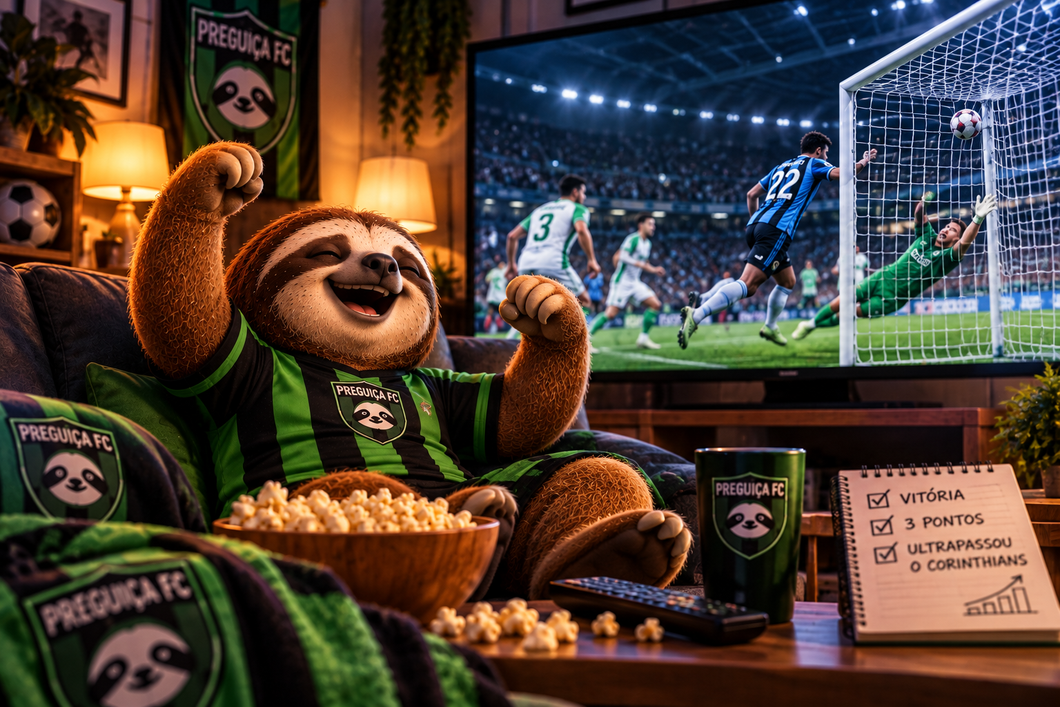 Mascote do Preguiça FC comemora uma vitória no futebol enquanto um pássaro e um porco demonstram tristeza e preocupação com o resultado.