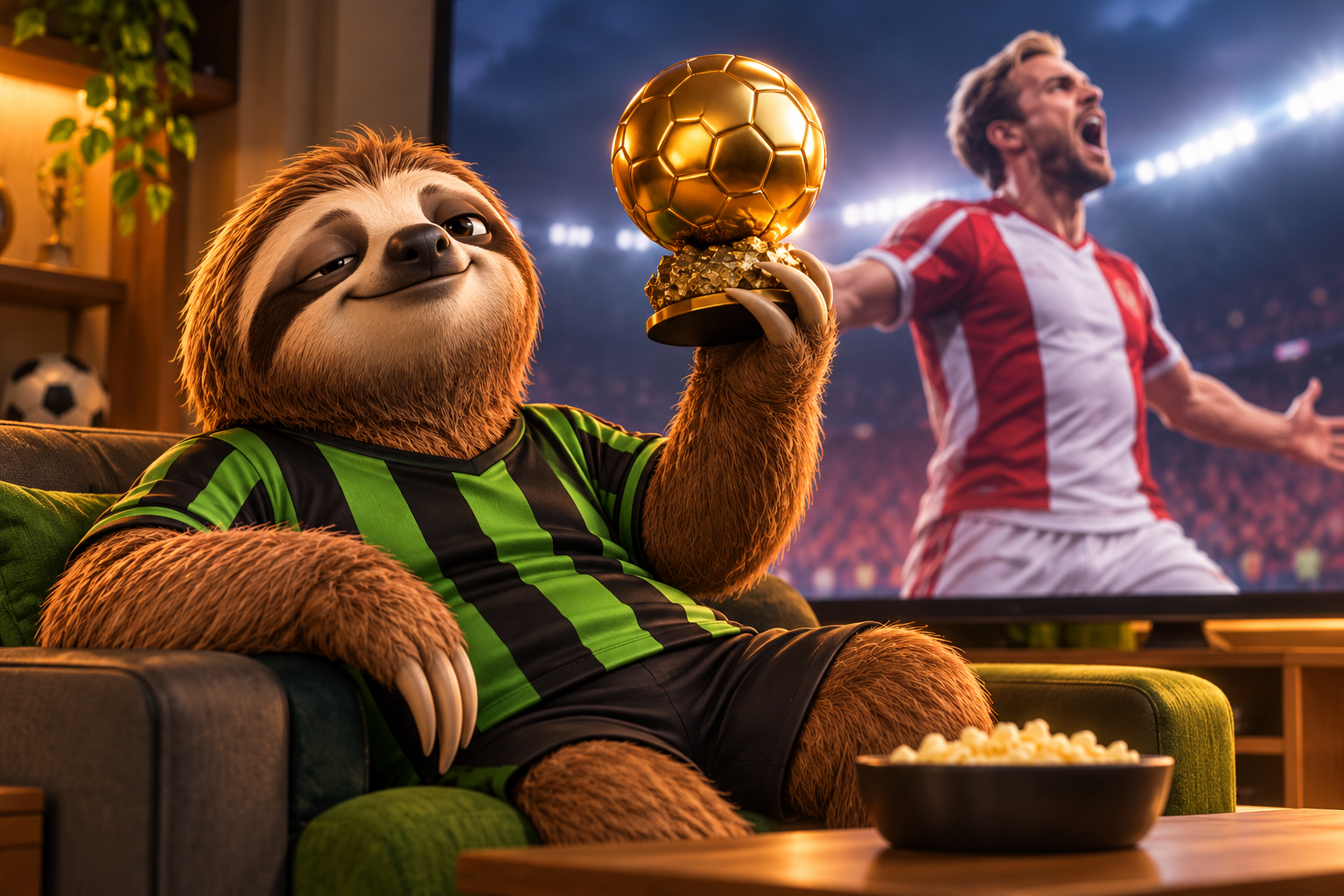 🏆 Harry Kane conquista a Bola de Ouro 2026: 73 gols depois, até a corneta ficou sem argumento! 1 Mascote do Preguiça FC com uniforme preto e verde segurando um troféu dourado, em referência à Bola de Ouro de Harry Kane em 2026.