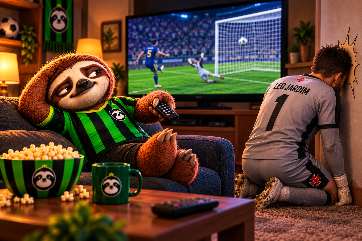 Mascote Preguiça FC com camisa listrada preta e verde assistindo ao jogo no sofá enquanto Léo Jardim, goleiro do Vasco, aparece de cara na parede após falha contra o Boca Juniors.
