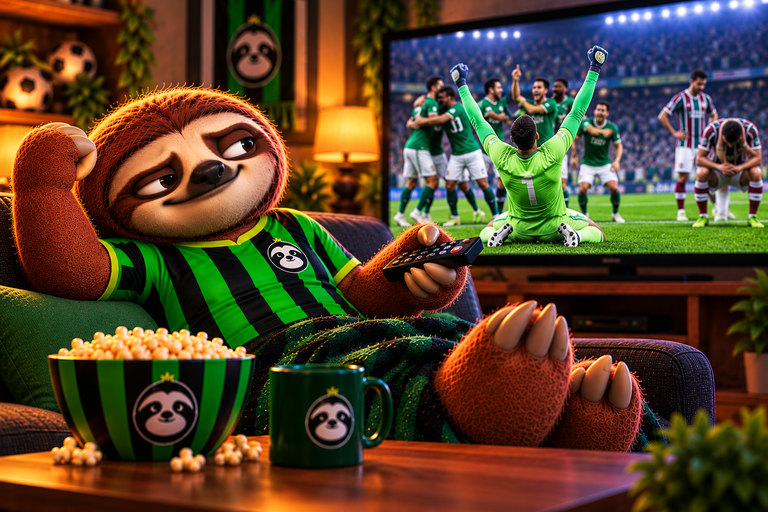 Mascote Preguiça FC com sua tradicional camisa listrada preta e verde comemora sentado no sofá enquanto assiste à classificação do Palmeiras para a final da Libertadores 2026 na televisão.