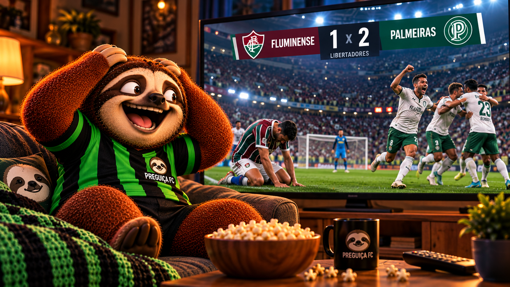Mascote do Preguiça FC assiste à vitória do Palmeiras por 2 a 1 sobre o Fluminense na semifinal da Libertadores.