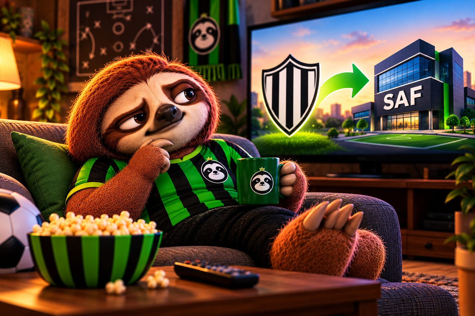 Mascote Preguiça FC, com uniforme listrado preto e verde, relaxa no sofá enquanto acompanha uma explicação sobre SAF no futebol pela televisão.