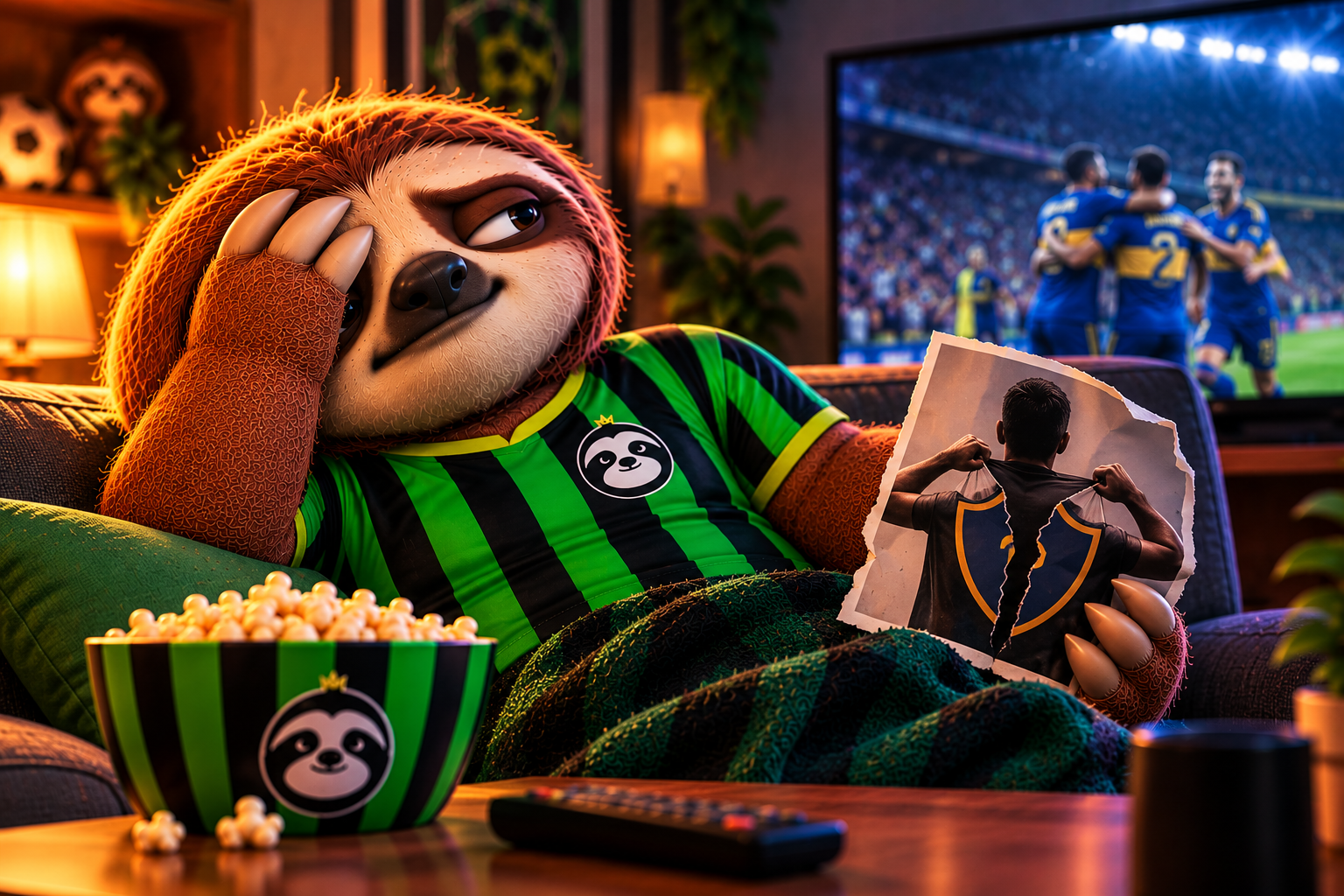 Mascote Preguiça FC, vestindo uniforme listrado preto e verde, leva a pata ao rosto enquanto assiste à derrota do Vasco para o Boca Juniors.