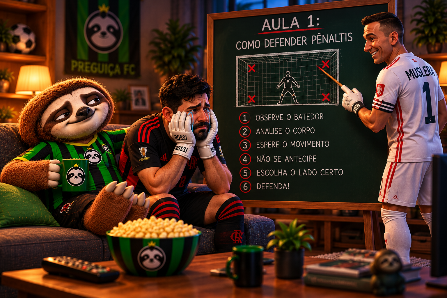 Flamengo teve um jogador a mais e não conseguiu fazer um gol! 1 Mascote Preguiça FC com camisa tradicional listrada em preto e verde sentado no sofá, segurando o riso enquanto assiste à derrota do Flamengo para o Estudiantes na televisão.